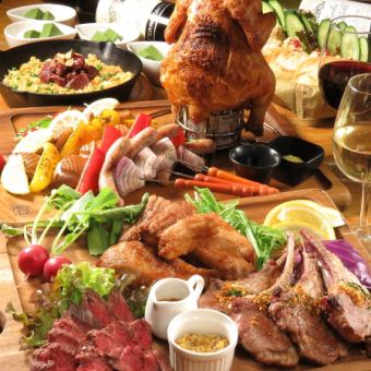 肉宴第2弹☆【全鸡x猪肉x牛肉x鸭肉x烤羊肉】8道菜品+2小时【无限畅饮】6000日元