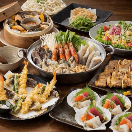 ■最高級■鮮魚盛合せや厳選鴨肉に豪華絢爛！海鮮潮鍋★【極コース】 8品 6,000円 3時間飲み放題
