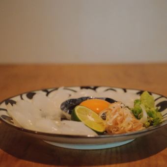 Aori squid sashimi with yolk soy sauce