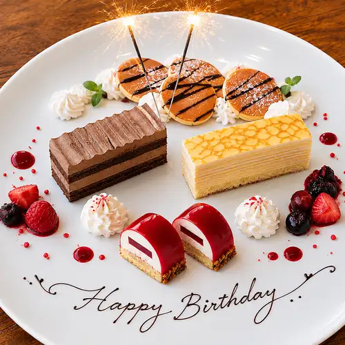 Assortment of 3 types of cakes with a message plate