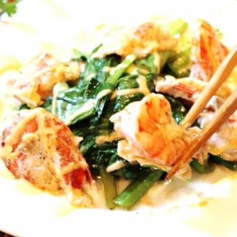 Stir-fried shrimp and spinach with mayonnaise