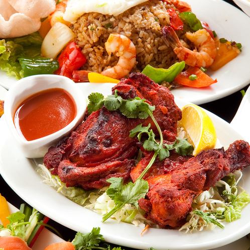 Tandoori chicken, grilled lamb skewers, salad, and more!