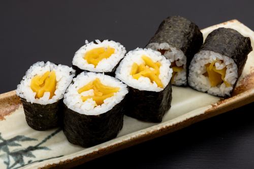 Cucumber roll / Shinko roll / Plum and shiso roll / Egg roll / Wild burdock roll / Salad roll