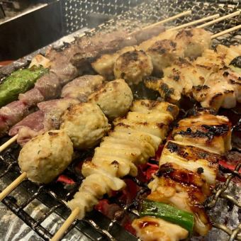 【贅沢炭火焼きコース】国産牛カルビ串、鹿児島県産鶏たたき付2時間飲み放題全9品6000円(税込）