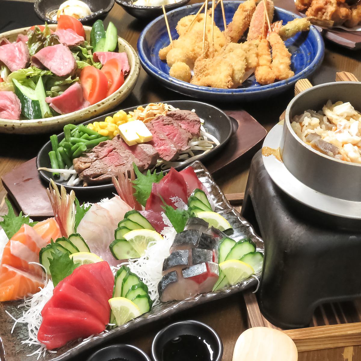 如果您在天馬尋找海鮮，請前往我們的餐廳！我們以新鮮和價格為榮！無限暢飲宴會套餐 4,400 日元起
