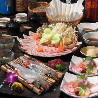 呼子いかの活造り、名物きなこ豚の”麹葱しゃぶ”、季節の茶碗蒸しなど…6600円コース