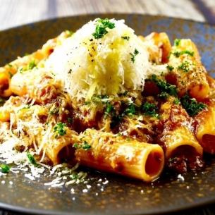 Rigatoni with fluffy Parmesan and Awaji beef bolognese