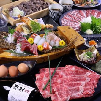 ◆HANAYAGI◆船拼盘、虾天妇罗、马肉生鱼片、牛排等11道菜品...7,000日元+2小时无限畅饮→