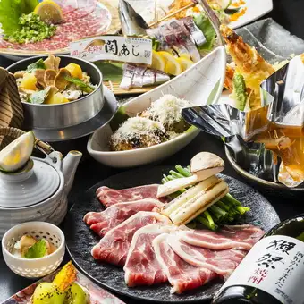 【華-HANAYAGI-】関アジ舟盛り・黒毛和牛ステーキ・大海老天ぷら他、10品+飲放付