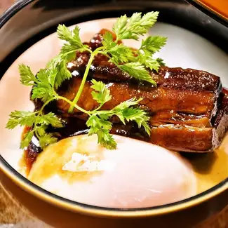 "Rafute" (braised pork belly) served with Ranou eggs