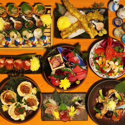 金目鯛オイスター煮込み、鮮魚五種、海宝稲荷など 全8品 2,5h飲み放題付 8000円
