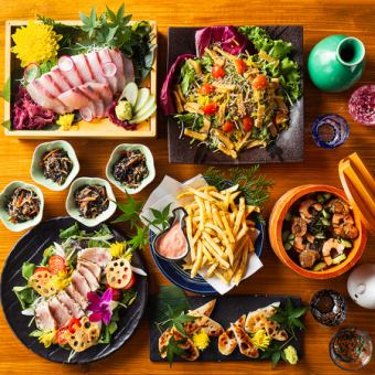 新鲜刺身、扇贝虾仁散寿司、旗鱼排等7道菜品，2小时无限畅饮，5000日元