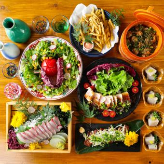 新鮮お造り、カジキ鮪のステーキ、ホタテと根菜の混ぜ御飯など 全7品 2時間飲み放題付 5000円