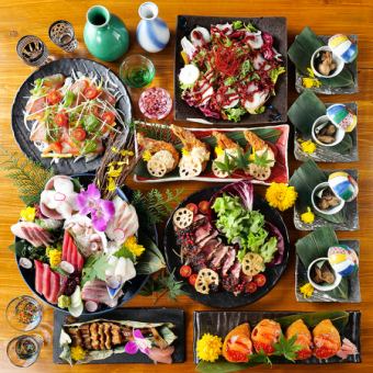 本鮪レアステーキ、鮮魚7種、サーモンといくらの親子稲荷寿司など 全8品 2.5h飲み放題付 7000円