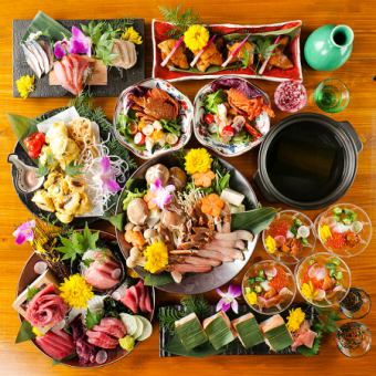 ズワイガニしゃぶしゃぶ、鮮度抜群の本鮪5種、サーモン押寿司など 全8品 2.5h飲み放題付 8000円