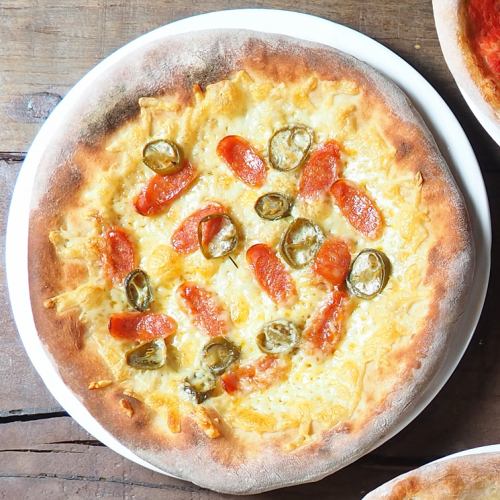 Spicy sausage and jalapeno pizza