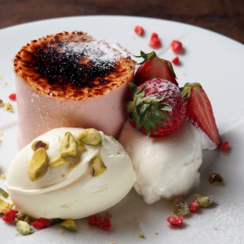 Strawberry and mascarpone chiboust served with roasted pistachio ice cream