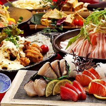 『黒豚しゃぶしゃぶ＆お刺身3点と牛タン含む肉盛り』9品　3時間飲み放題付　5000円⇒4000円