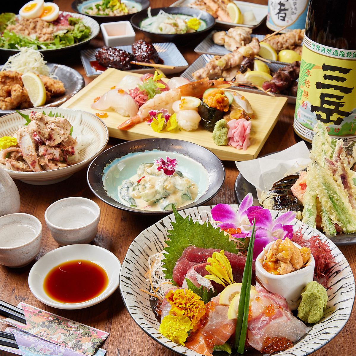 An all-you-can-eat restaurant serving yakitori, sushi, and shabu-shabu. All-you-can-drink options are also available.