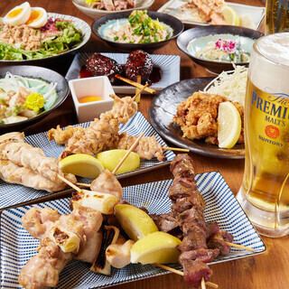 All-you-can-eat yakitori and drink.All-you-can-drink draft beer and Kaku Highballs are available for 3,000 yen.