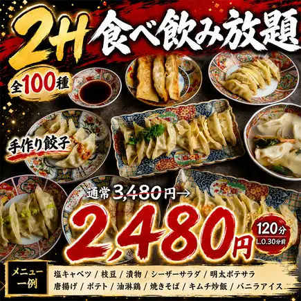 【手作り餃子や居酒屋メニューが豊富】2Hお手軽食べ飲み放題コース3480円→2480円【全100種】