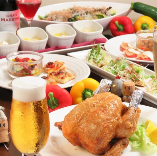 【旬食材のコース】メインは名物丸ごとチキン！2時間飲み放題付き≪全8品≫4500円～。昼宴会も承ります。