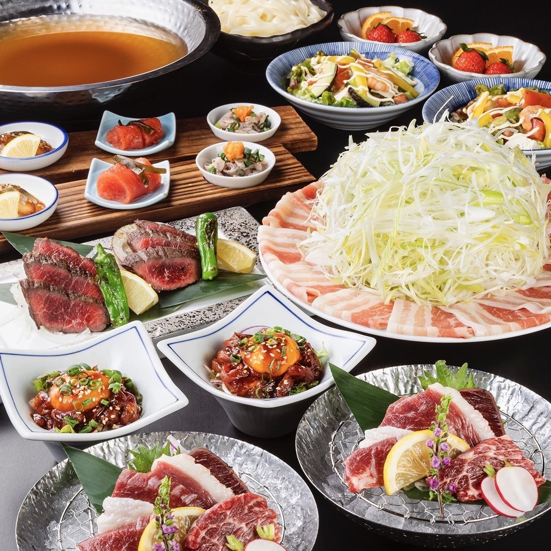 The course that includes refreshing leek shabu-shabu and horse sashimi is very popular at corporate banquets!
