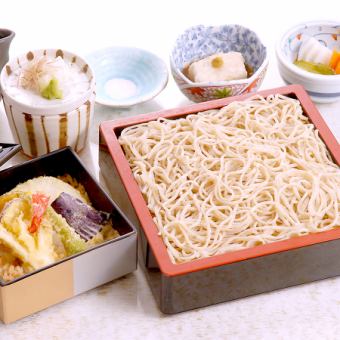 Steamed soba noodles, udon noodles and small tempura rice bowl