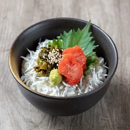 Mentaiko Takana Shirasu Donburi (rice bowl with mentaiko, takana, and shirasu)