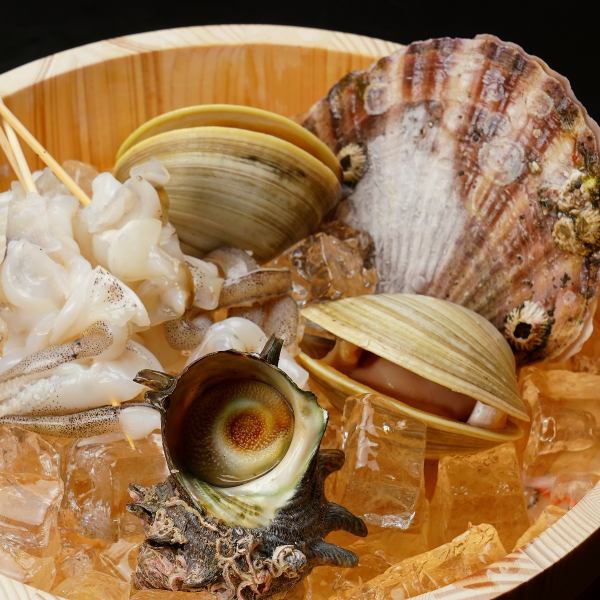 [新鲜贝类和海鲜]新鲜度是不同的，因为它们是独立存放的！各种类型的沙滩烤架，生鱼片等。