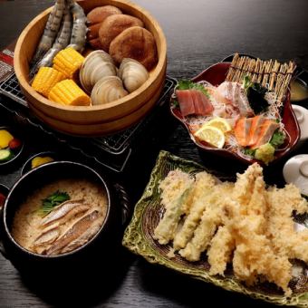 [Hamayaki≪Bamboo≫ Banquet Course] 4 types of sashimi & tempura & hamayaki & kamameshi total 12 dishes + 3 hours [all you can drink] ⇒ 3800 yen