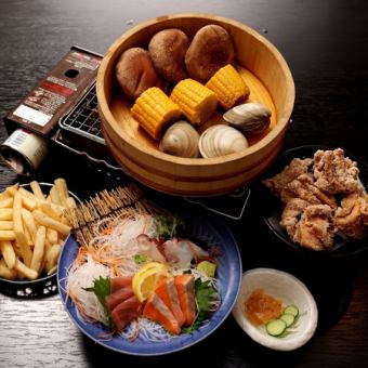 [Hamayaki <Ume> After-party Snack Course] 3 types of sashimi & 3 Hamayaki dishes, total of 7 dishes + 3 hours [All-you-can-drink] ⇒ 3,300 yen