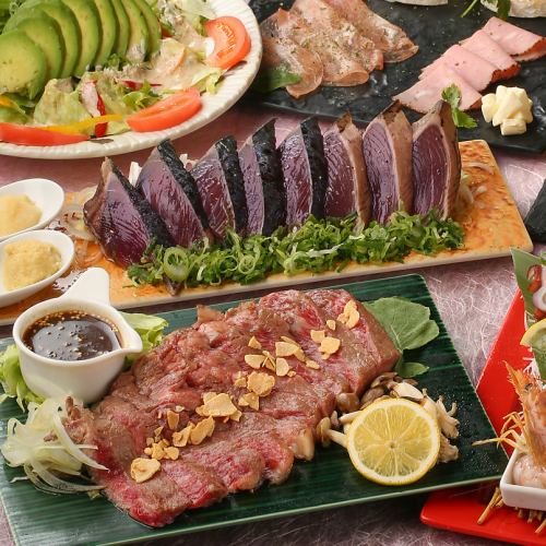 Recommended for year-end parties! 7 dishes including grilled Kuroge Wagyu beef and a 3-course straw-grilled meal. 2 hours of all-you-can-drink, including draft beer, for 6,000 yen.