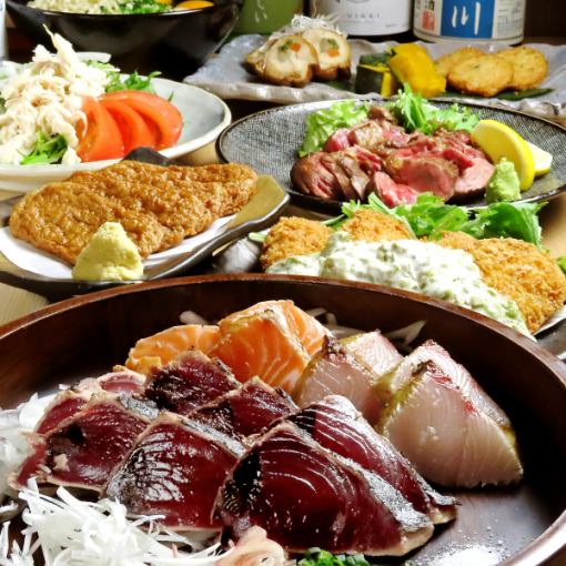 The most popular end-of-year party course: 7 dishes including 3 types of straw-grilled dishes and Kuroge Wagyu steak. Includes 2 hours of all-you-can-drink, including draft beer, for 5,000 yen.