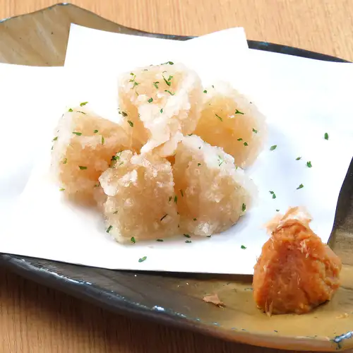 Deep-fried daikon radish with bonito miso sauce.