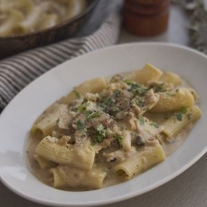 Porcini cream rigatoni with mushrooms and sausage