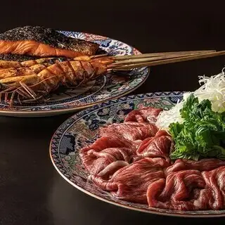 贅沢！和牛しゃぶしゃぶと大海老と鮭の原始焼きコース 6500円(税込)