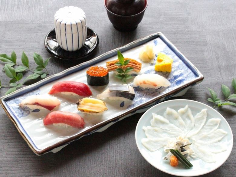 虎河豚生鱼片和握寿司