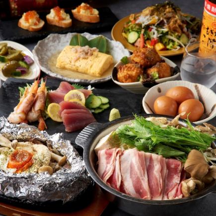 附柚子蛋壽喜燒鍋♪ 3小時無限暢飲特別套餐,包含生魚片、鮭魚子、螃蟹、煎蛋捲♪ 9道菜品共6,000日元