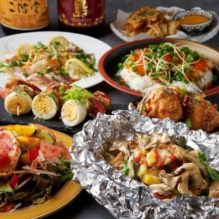 含鮭魚飛魚籽拌飯。 2小時無限暢飲生啤酒。唐玉套餐。共7道菜,4000日圓。