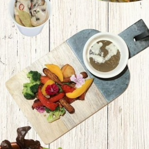 Colorful fried vegetables with crab miso bagna cauda