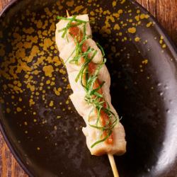 Domestic chicken fillet skewers with plum and shiso
