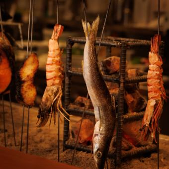 【特選炉端焼き】9,500円コース 全9品 大海老・タラバガニ、はかた地鶏の炉端焼きや鰻のお茶漬け