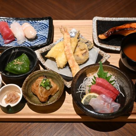 【お手軽御膳◎】鮭の西京焼きや刺身2点盛り、天ぷら盛り、握り3貫など7品『ランチ御膳A』