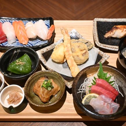 【贅沢御膳◎】銀ダラ西京焼きや刺身2点盛り、天ぷら盛り、握り5貫など7品『ランチ御膳B』