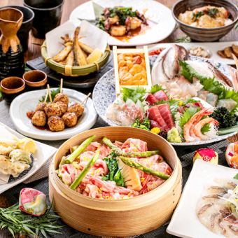 [Ren]可以选择蒸鸭子和时令蔬菜或鸭子涮锅◎我们推荐的套餐！2.5小时9道菜4500日元包含无限畅饮