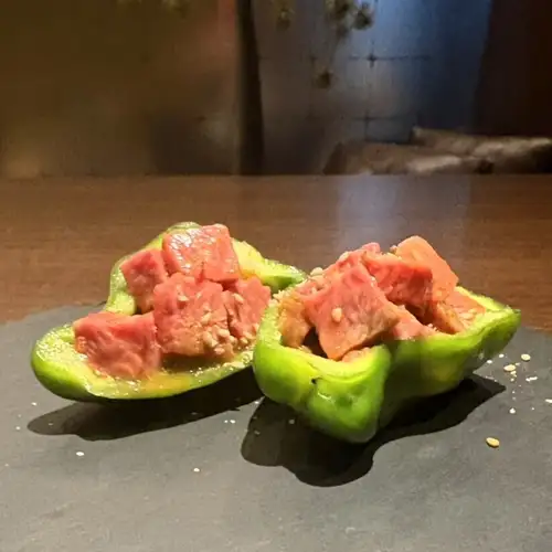 Wagyu beef yukhoe with raw green peppers and shredded beef