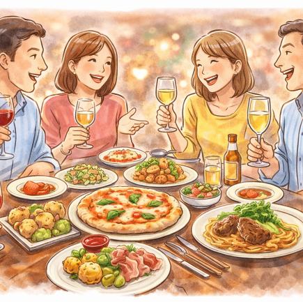 2 hours 30 minutes, minimum 8 people, stone oven Italian shared course, 13 dishes, free drinks included