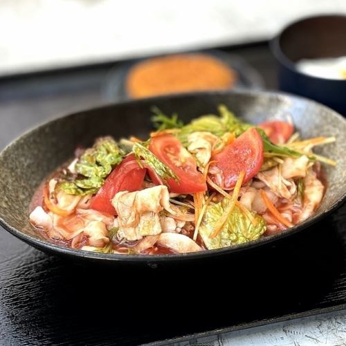 Chilled pork shabu-shabu, tomato salad, biyan biyan noodles