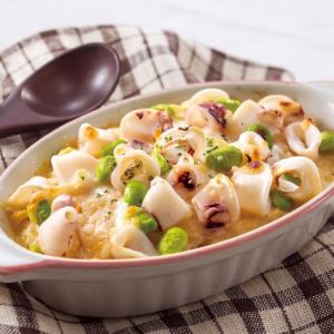 Spear squid and edamame with cod roe cream doria